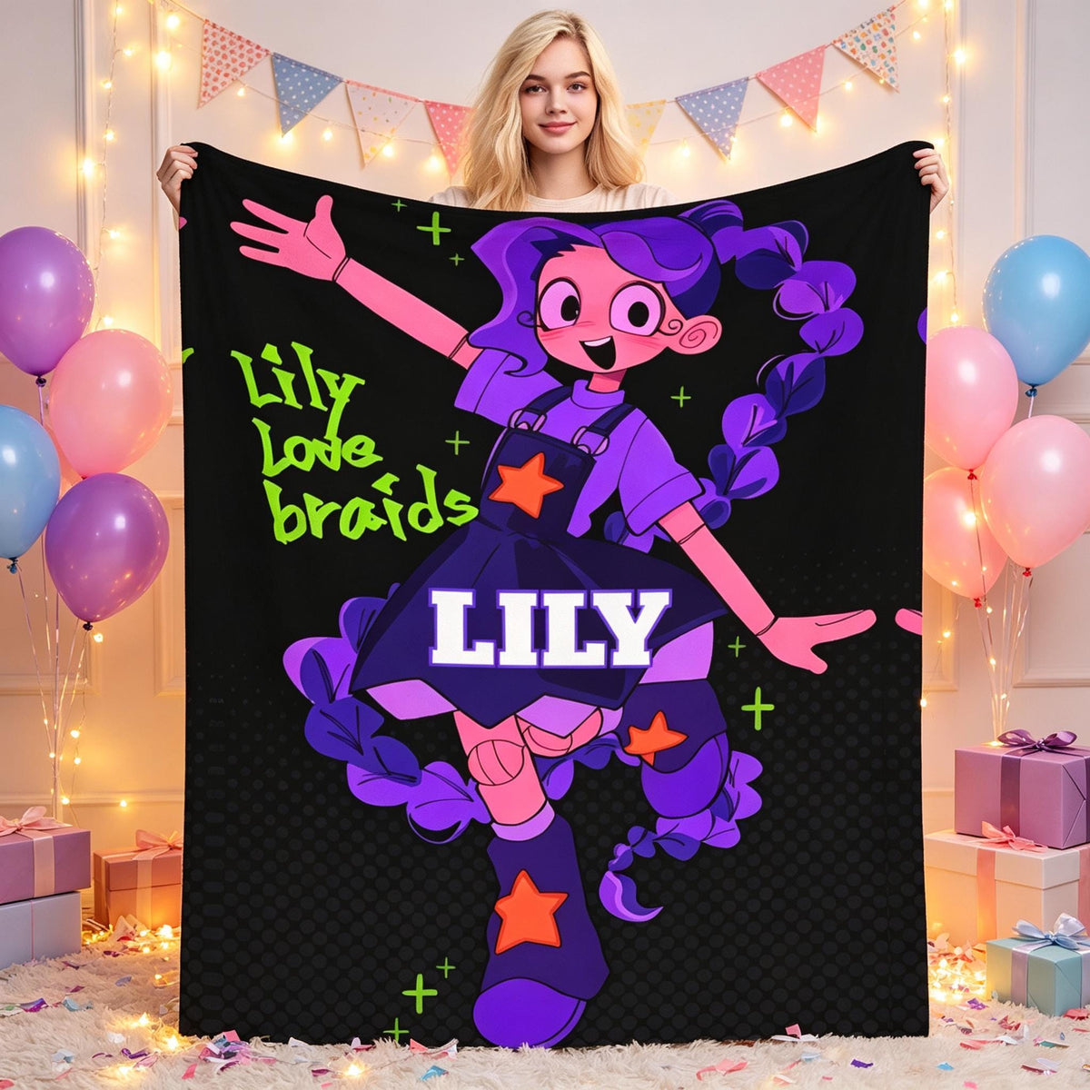 Lily Lovebraids Blanket Personalized, Custom Name Flannel Blanket, Poppy Playtime Inspired Throw Blanket, Kids Gamer Gift
