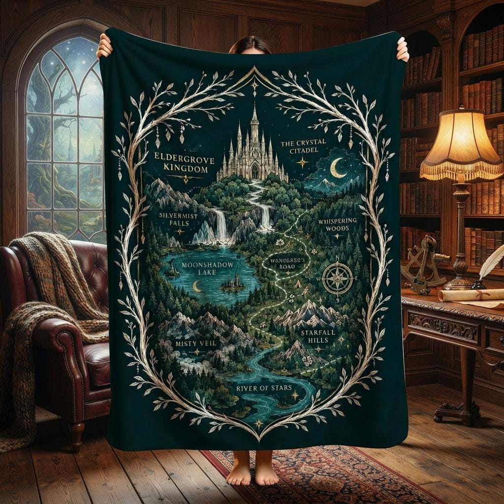 Adventure Map Blanket, Fantasy Castle Throw, Gold Green Flannel, Epic Quest Decor, Gift for Fantasy Lover