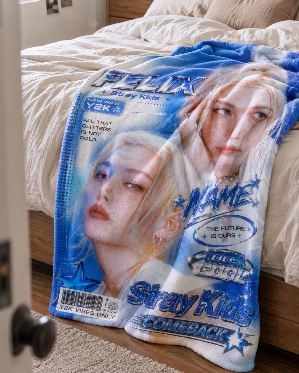 Y2K Stray Kids Felix Portrait Blanket, Personalized Name Kpop Throw (Blue)