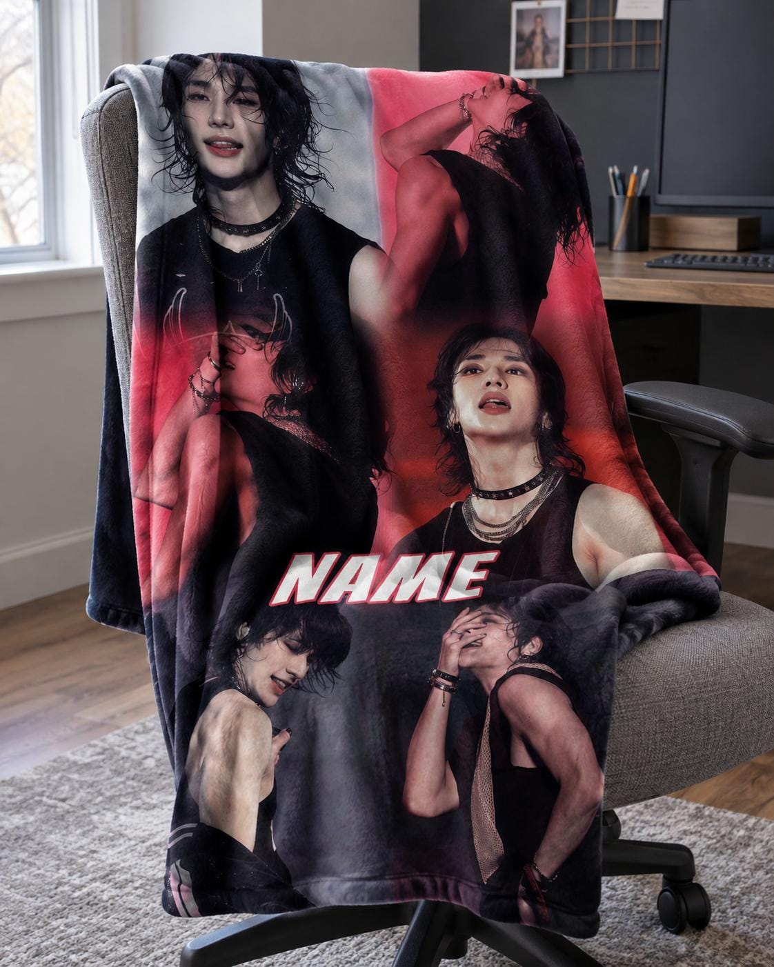 Personalized Hyunjin Stray Kids Blanket, Y2K Portrait Throw, Custom Name Kpop Decor