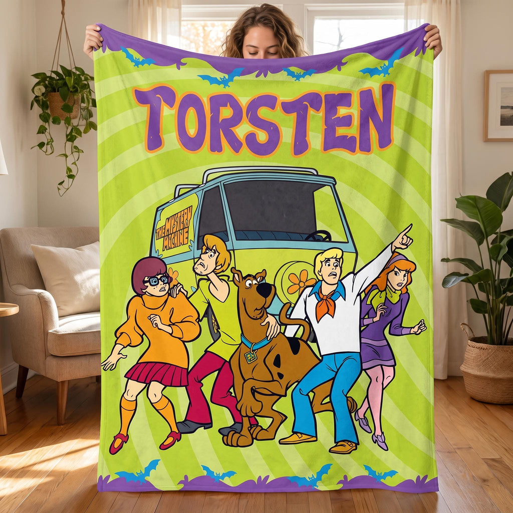 Personalized Custom Name Blanket, Retro Cartoon Mystery Throw, Groovy 70s Detective Gang, Spooky Dog & Van Gift for Kids, Nostalgic Decor