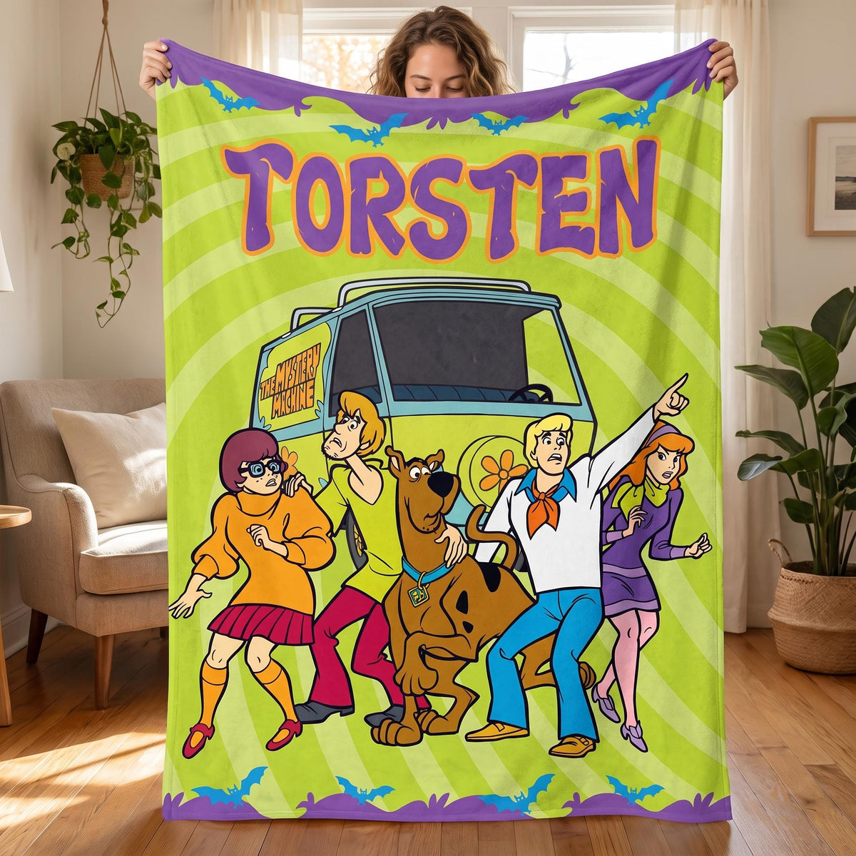 Personalized Custom Name Blanket, Retro Cartoon Mystery Throw, Groovy 70s Detective Gang, Spooky Dog & Van Gift for Kids, Nostalgic Decor
