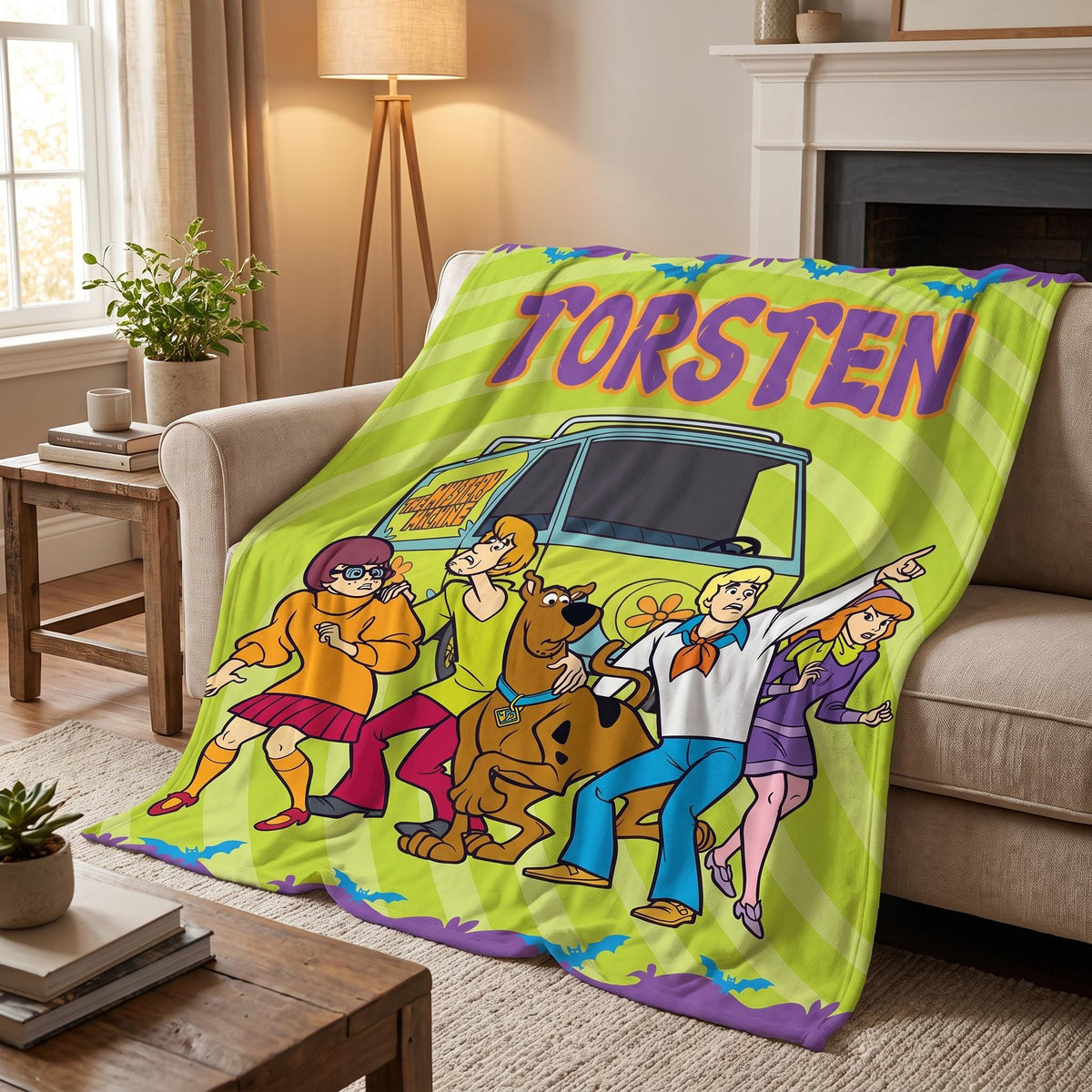 Personalized Custom Name Blanket, Retro Cartoon Mystery Throw, Groovy 70s Detective Gang, Spooky Dog & Van Gift for Kids, Nostalgic Decor