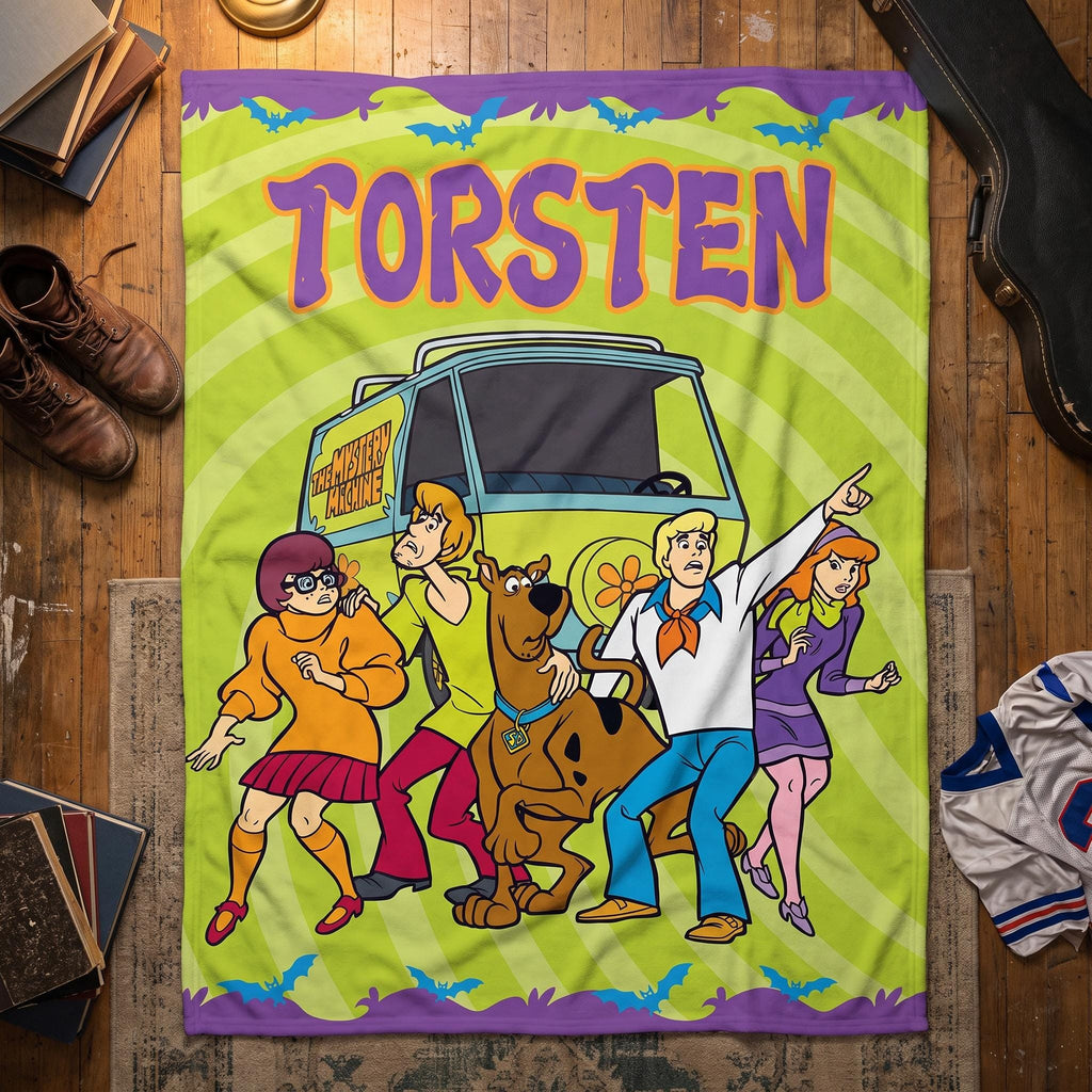 Personalized Custom Name Blanket, Retro Cartoon Mystery Throw, Groovy 70s Detective Gang, Spooky Dog & Van Gift for Kids, Nostalgic Decor