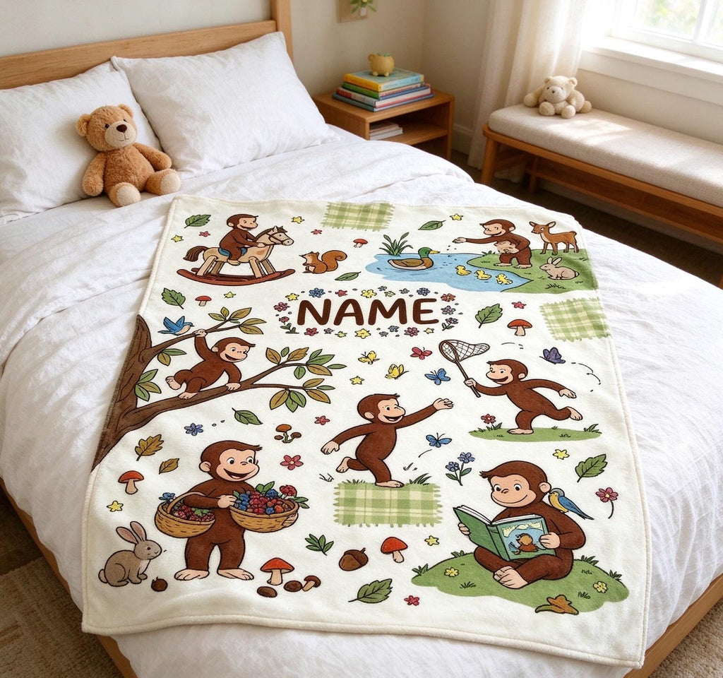 Custom Name Curious George Blanket Soft Throw Plush Woodland Keepsake Gift