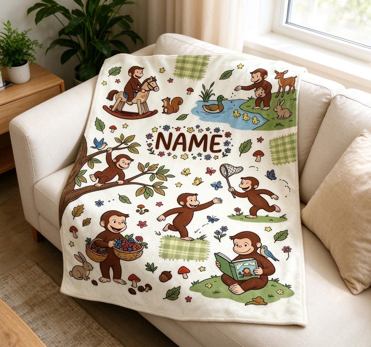Custom Name Curious George Blanket Soft Throw Plush Woodland Keepsake Gift