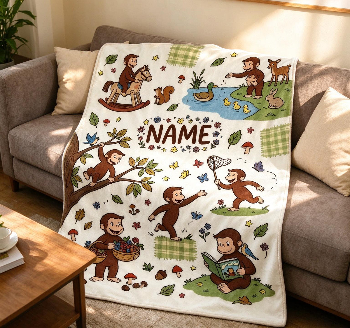 Custom Name Curious George Blanket Soft Throw Plush Woodland Keepsake Gift