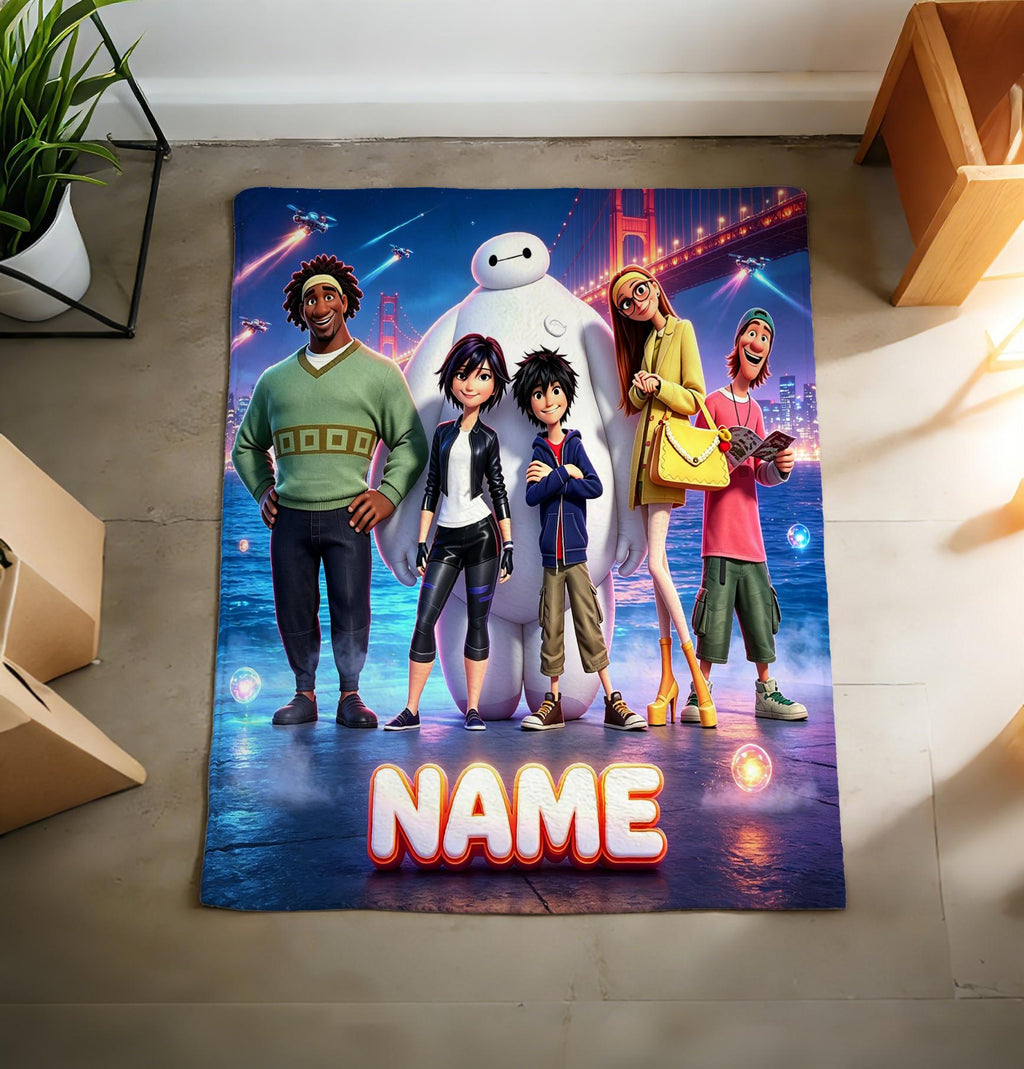 Personalized Baymax Robot Fleece Blanket, Custom Name Throw, Cozy Kids Gift