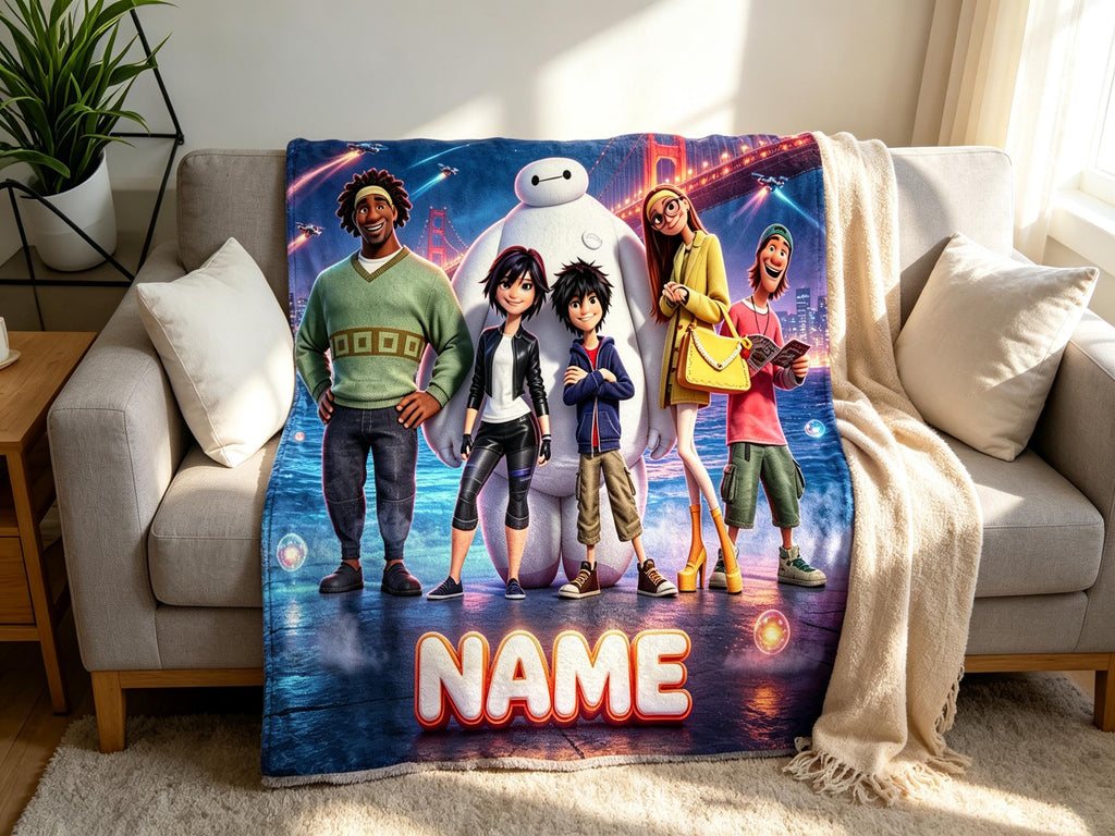 Personalized Baymax Robot Fleece Blanket, Custom Name Throw, Cozy Kids Gift