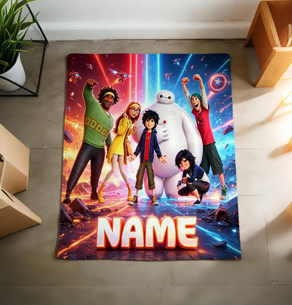 Personalized Baymax Robot Fleece Blanket, Custom Name Throw, Cozy Kids Gift