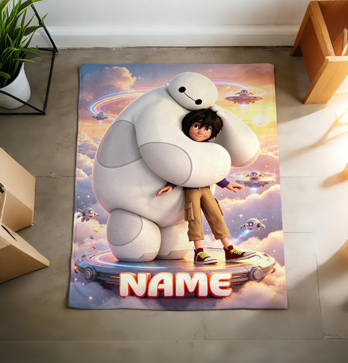 Personalized Baymax Robot Fleece Blanket, Custom Name Throw, Cozy Kids Gift