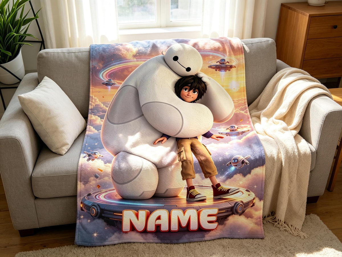 Personalized Baymax Robot Fleece Blanket, Custom Name Throw, Cozy Kids Gift