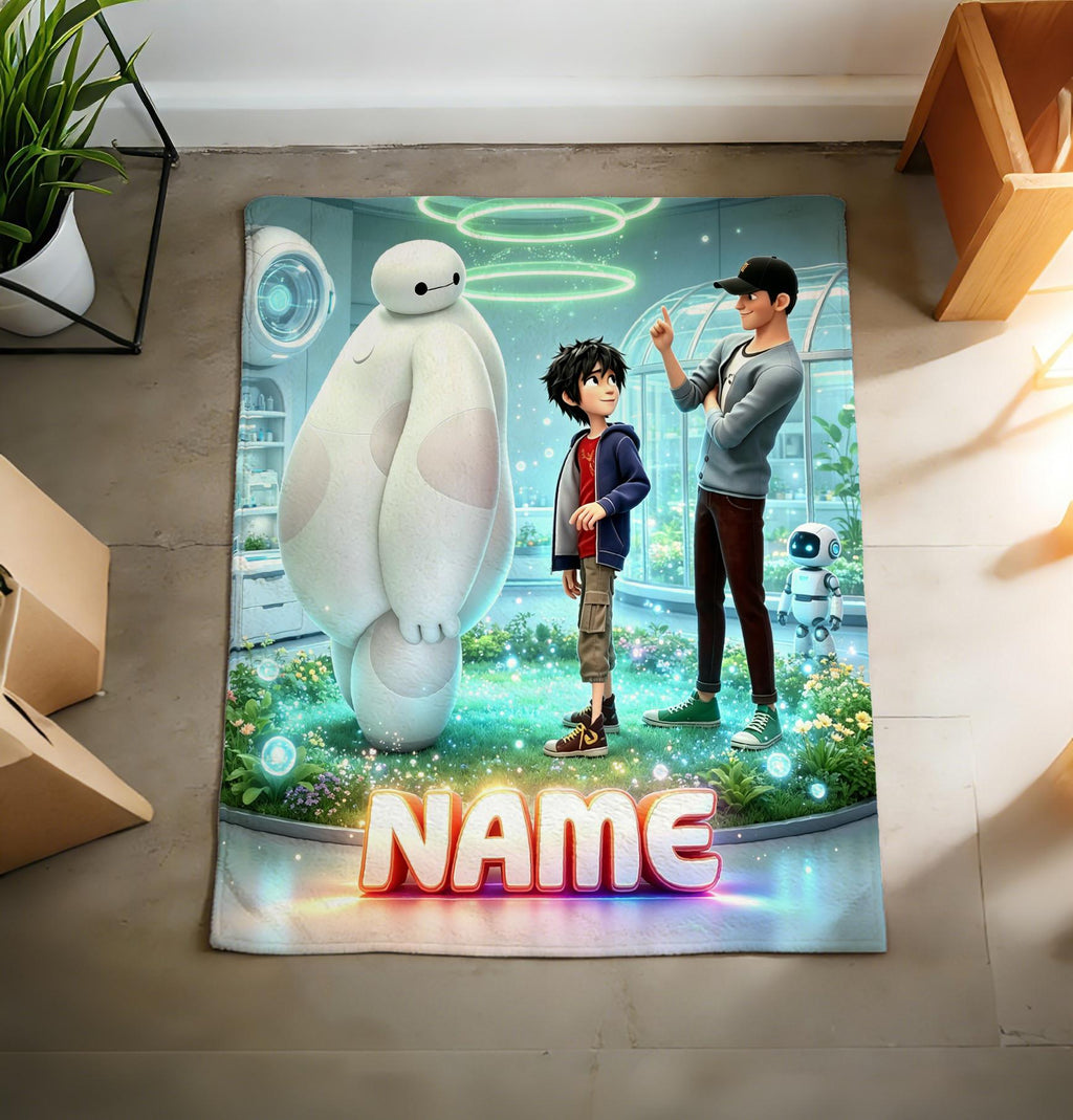 Personalized Baymax Robot Fleece Blanket, Custom Name Throw, Cozy Kids Gift