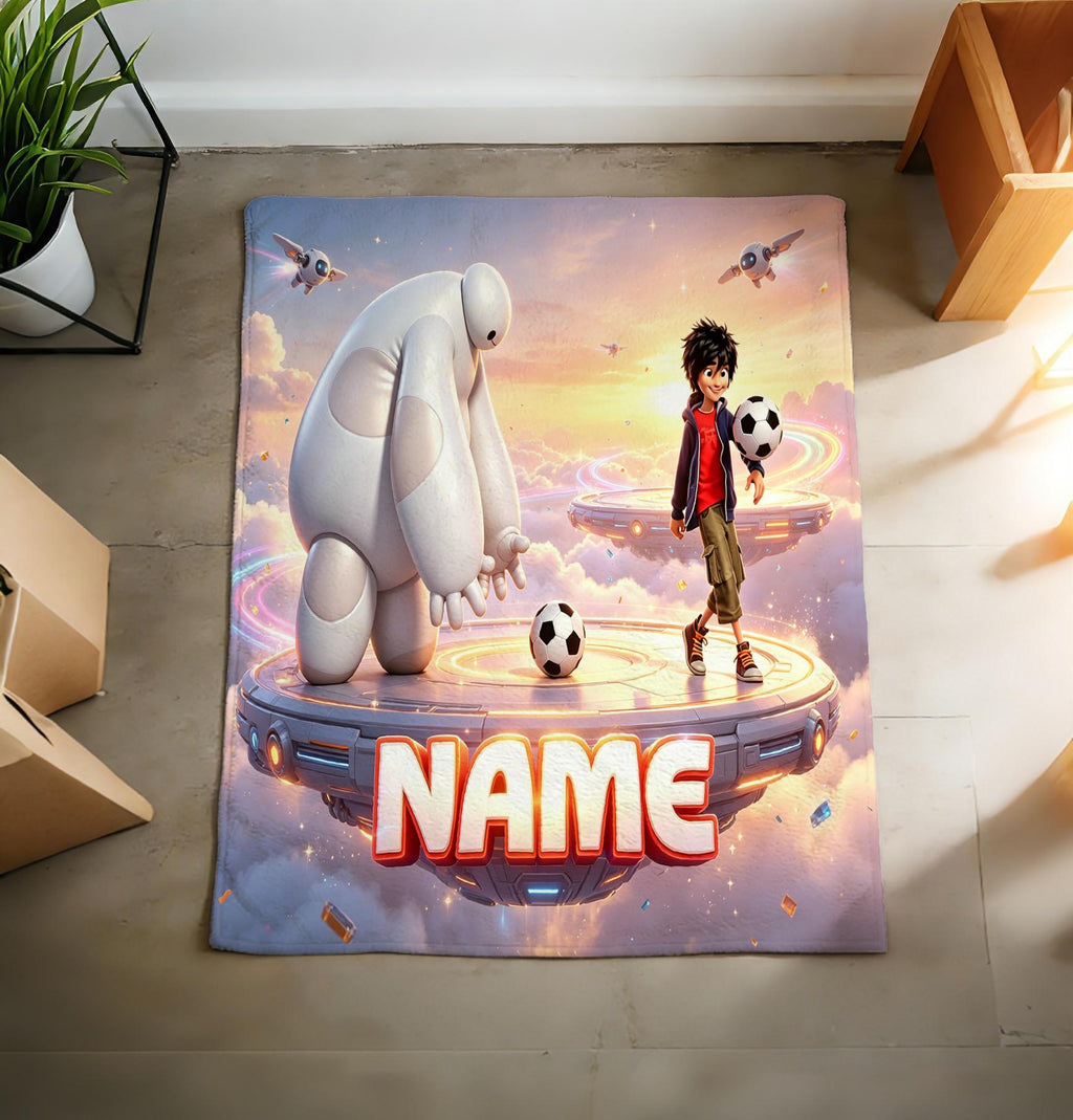Personalized Baymax Robot Fleece Blanket, Custom Name Throw, Cozy Kids Gift