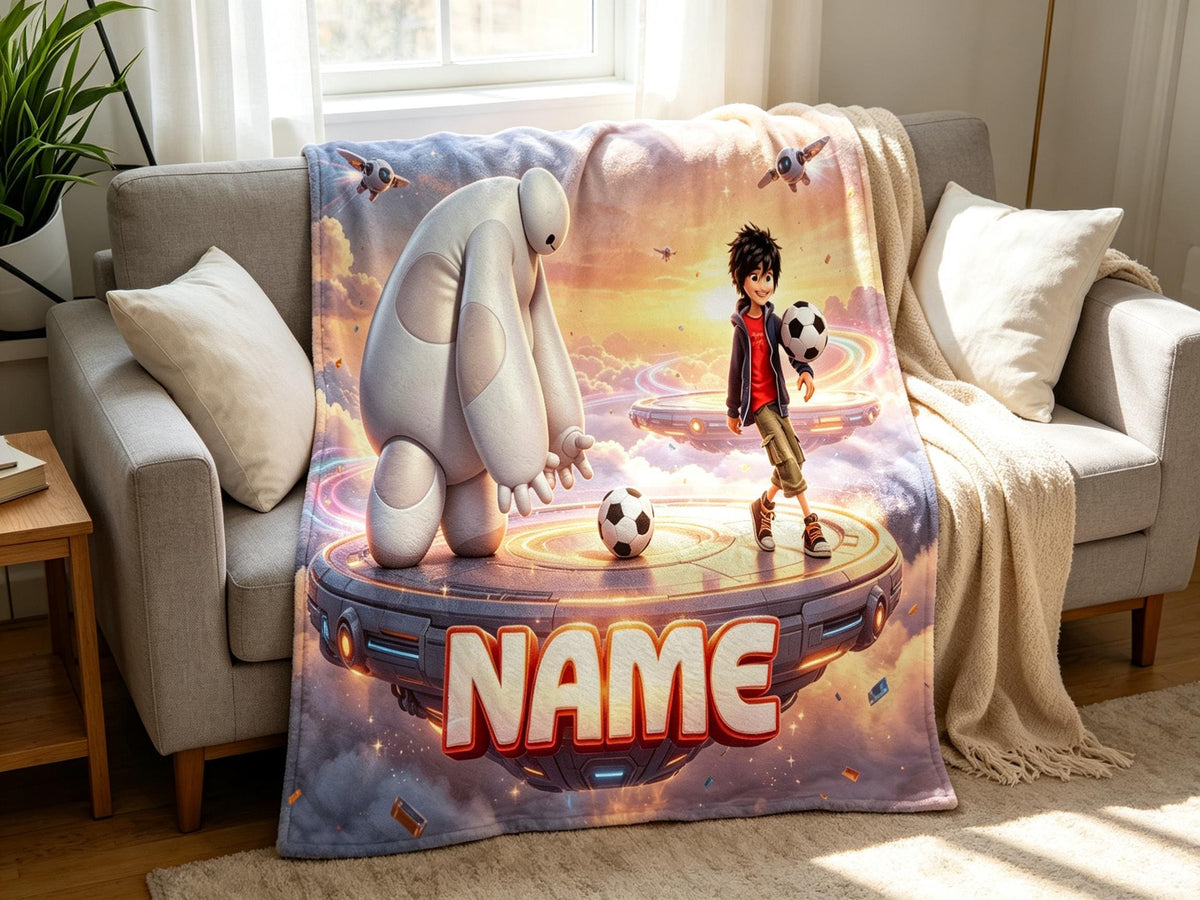 Personalized Baymax Robot Fleece Blanket, Custom Name Throw, Cozy Kids Gift