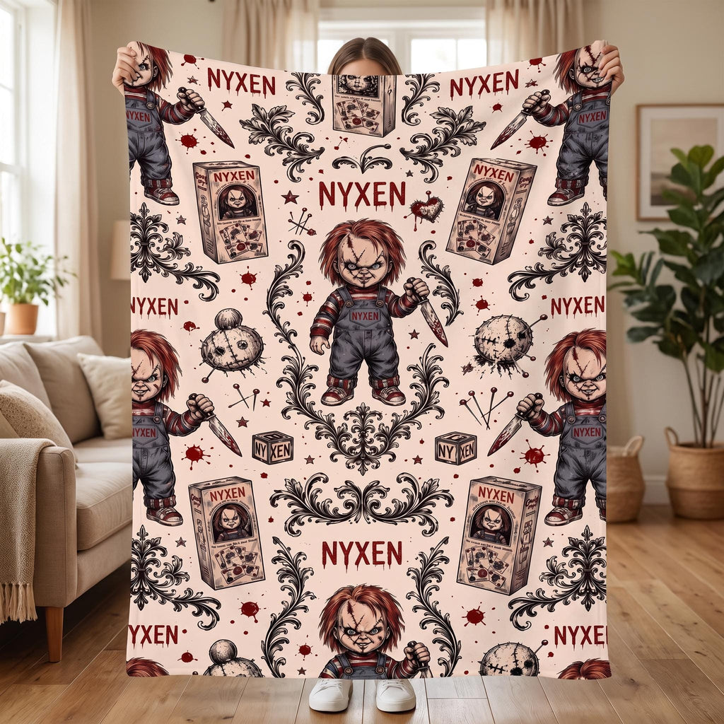 Personalized Creepy Doll Blanket, Custom Name Gothic Horror Throw, Spooky Voodoo Pattern Fleece, Scary Alternative Gift for Goths