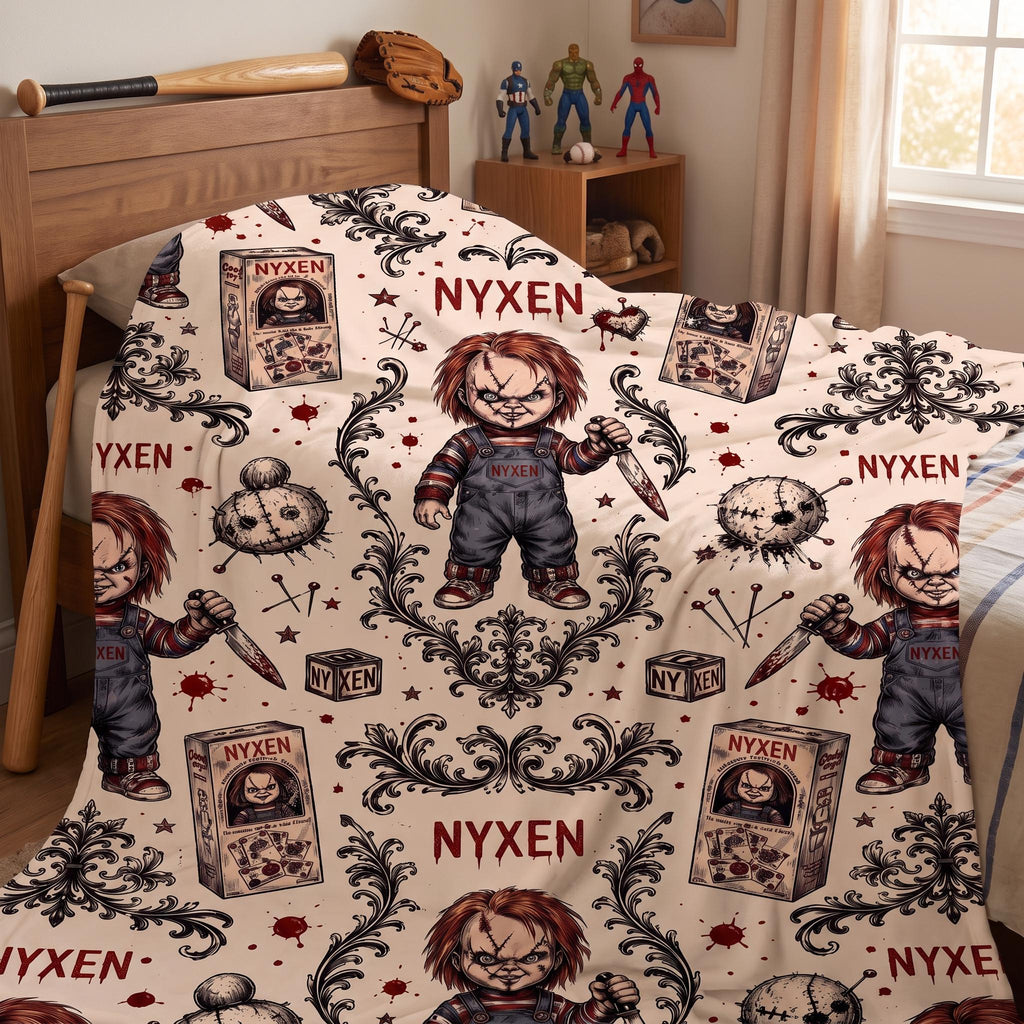 Personalized Creepy Doll Blanket, Custom Name Gothic Horror Throw, Spooky Voodoo Pattern Fleece, Scary Alternative Gift for Goths