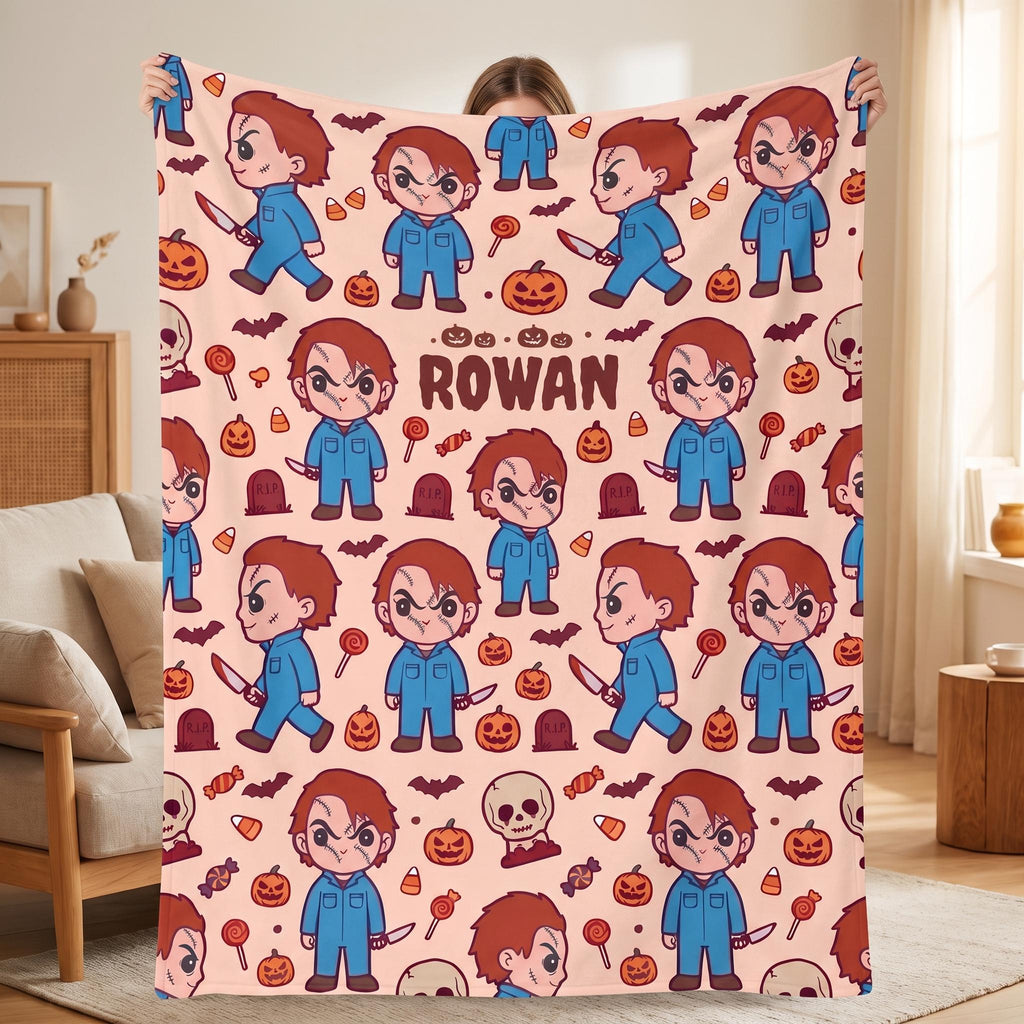 Personalized Spooky Cute Blanket, Custom Name Halloween Throw, Creepy Kawaii Toddler Blanket, Little Slasher Boy Gift, Trick or Treat Decor