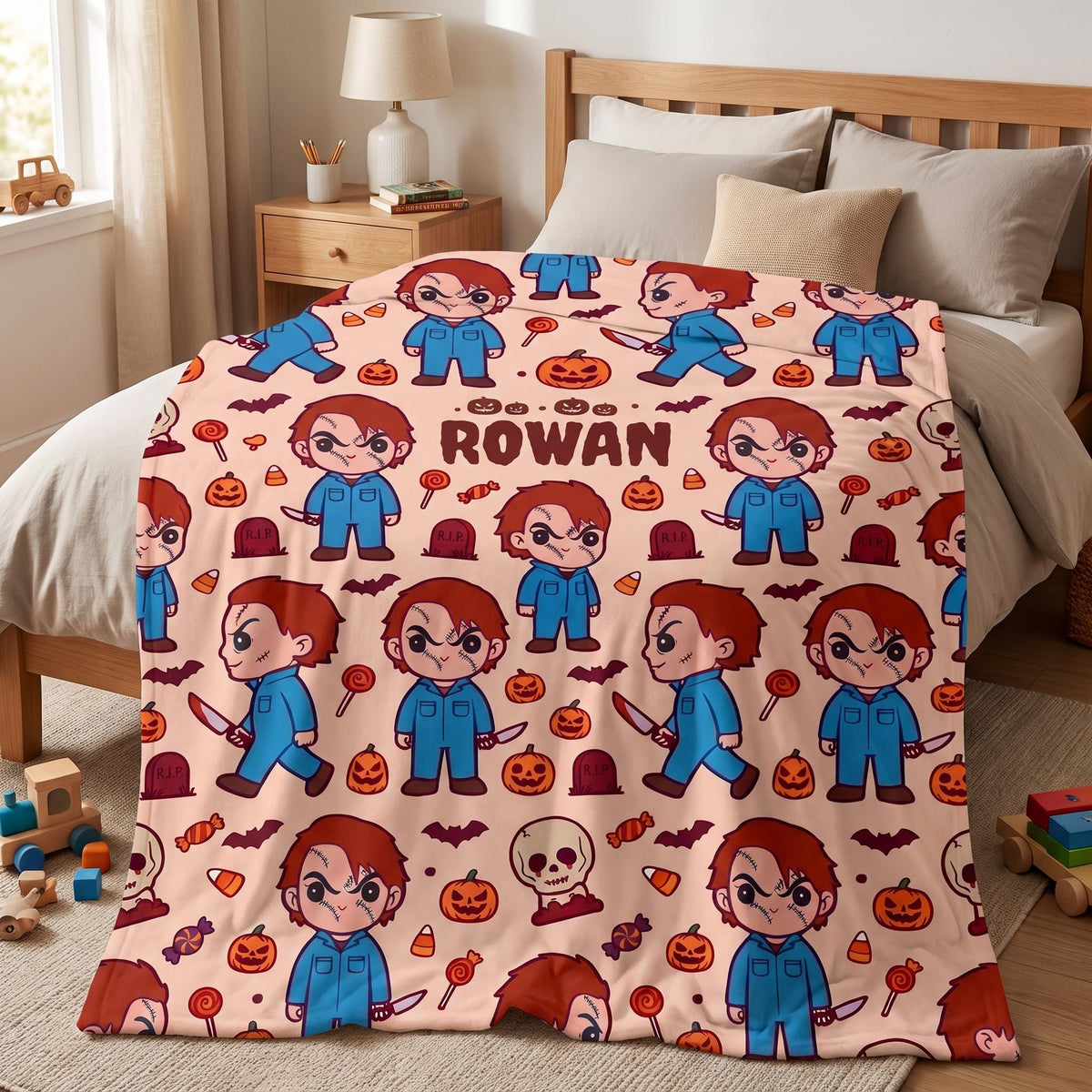 Personalized Spooky Cute Blanket, Custom Name Halloween Throw, Creepy Kawaii Toddler Blanket, Little Slasher Boy Gift, Trick or Treat Decor