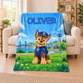 Personalized Police Puppy Chase Blanket, Custom Name Flannel Throw for Kids, Birthday Gift