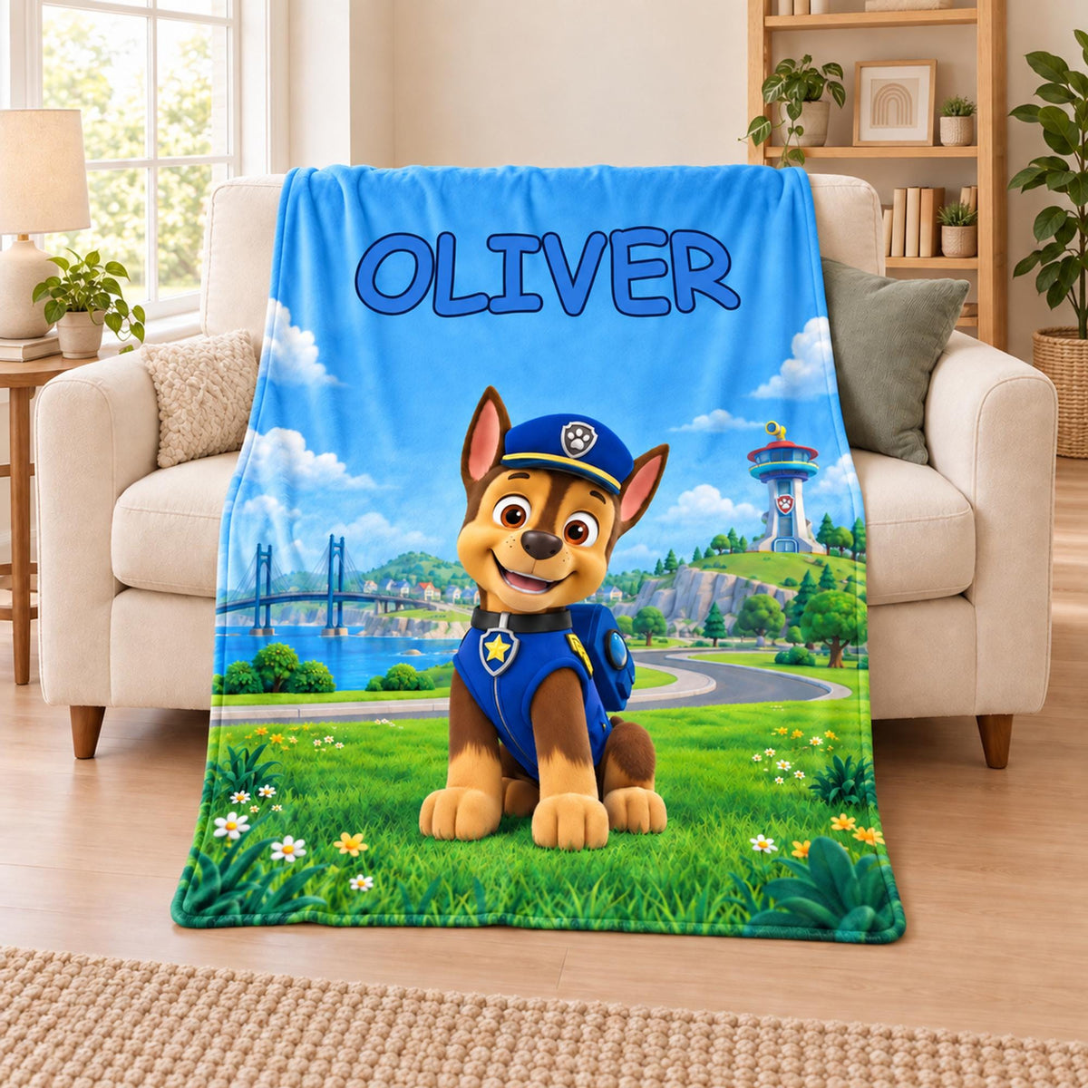 Personalized Police Puppy Chase Blanket, Custom Name Flannel Throw for Kids, Birthday Gift
