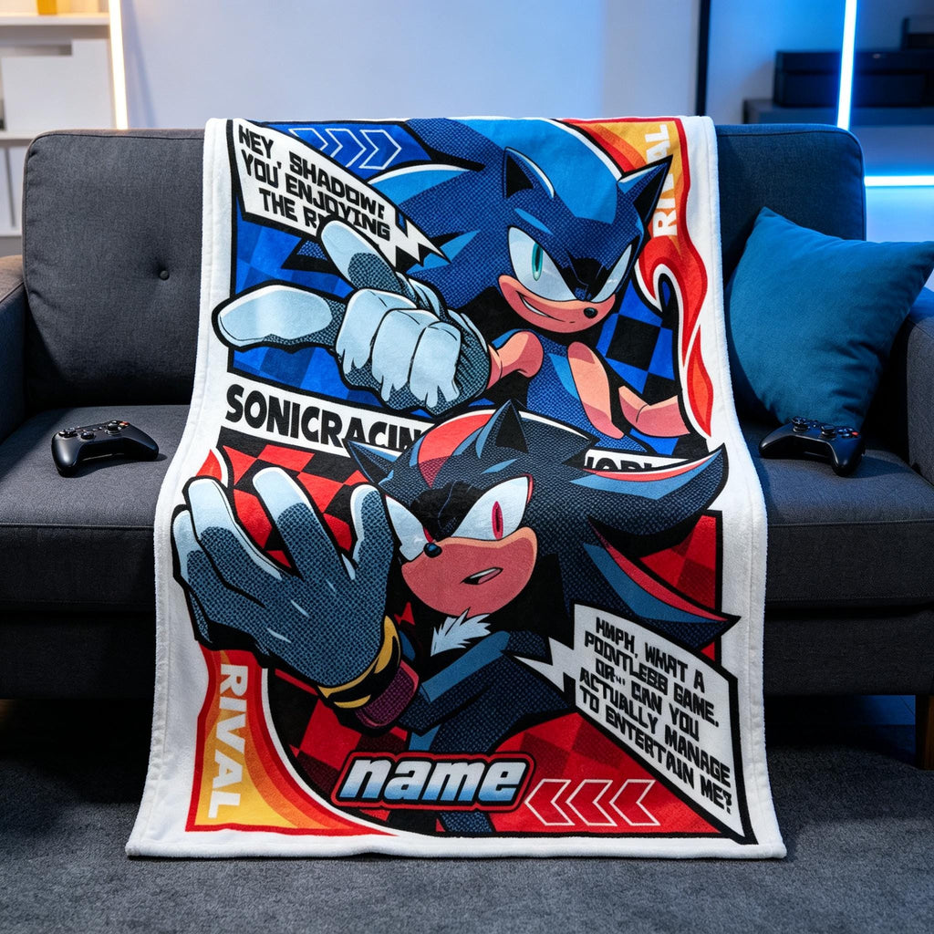 Custom Sonic Shadow Fleece Blanket, Personalized Name Throw Blanket, Sonic Rival Cartoon Blanket, Kids Birthday Gift, Cozy Bed Soft Blanket