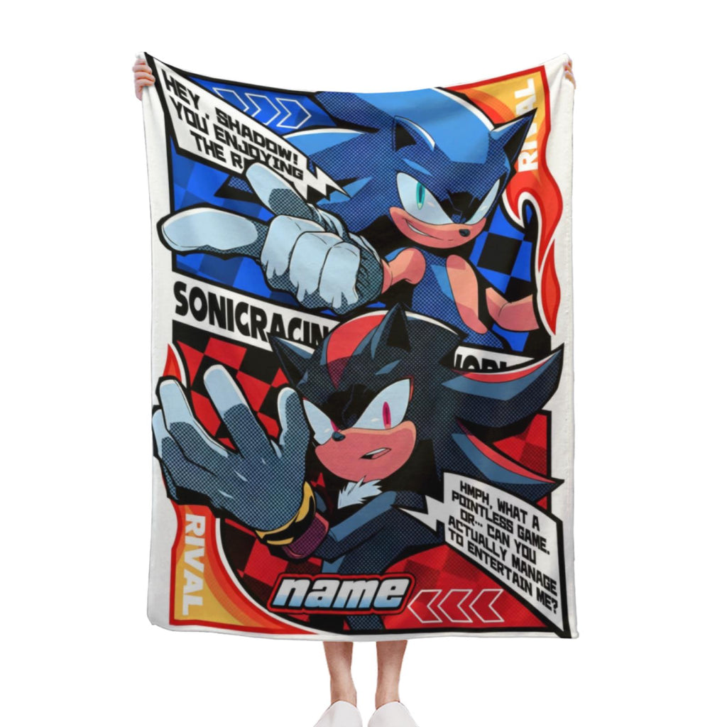 Custom Sonic Shadow Fleece Blanket, Personalized Name Throw Blanket, Sonic Rival Cartoon Blanket, Kids Birthday Gift, Cozy Bed Soft Blanket