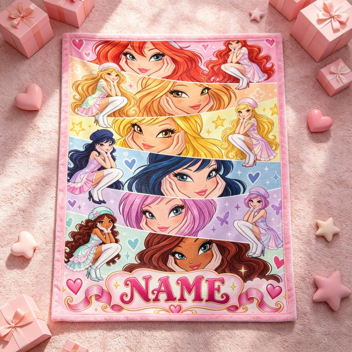 Personalized Winx Club Blanket, Custom Name Fairy Girls Flannel Throw, Bloom and Stella Gift for Kids, Teens and Fans