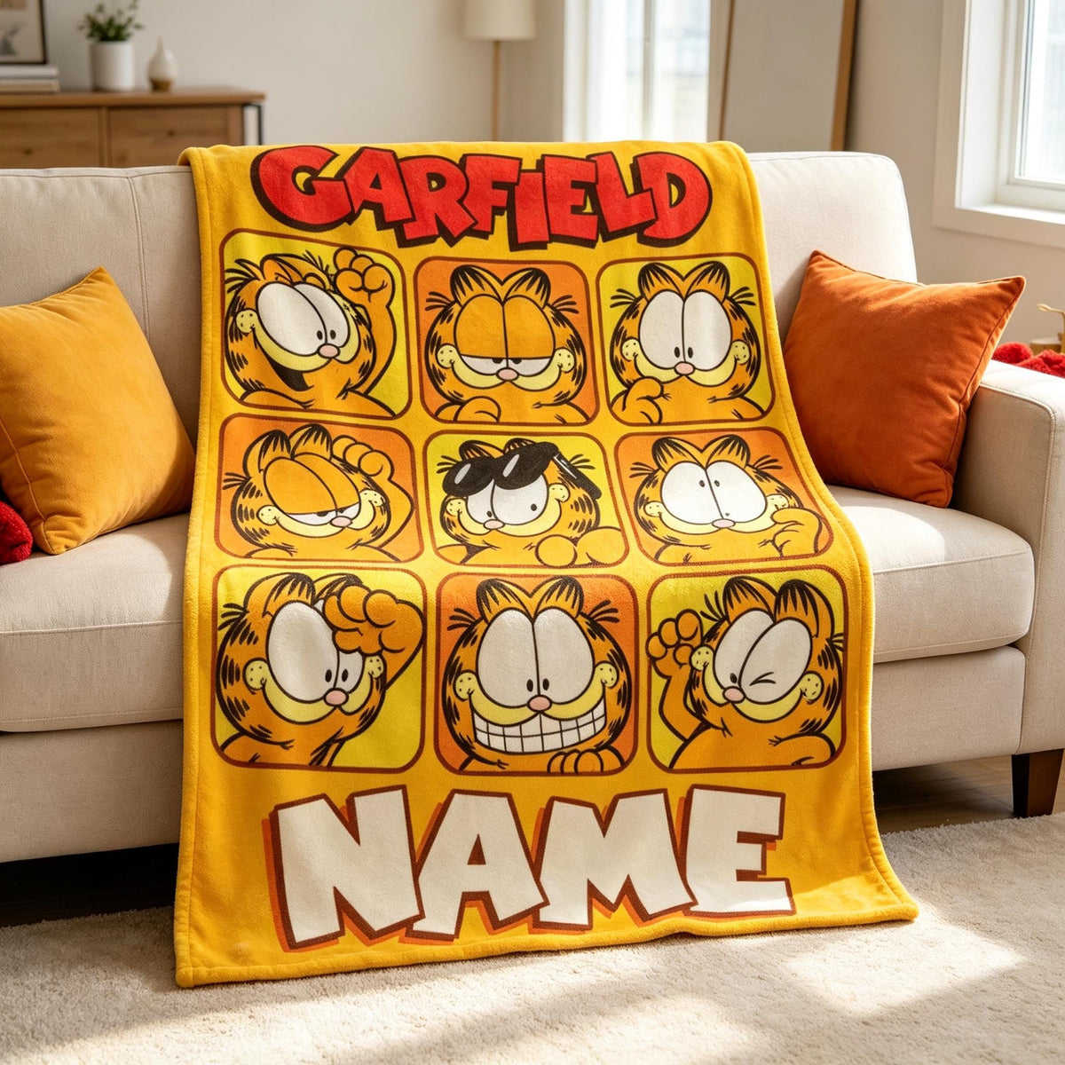 Personalized Garfield Blanket, Custom Name Funny Cat Flannel Throw, Garfield Gift for Kids, Teens, Cat Lovers and Cartoon Fans
