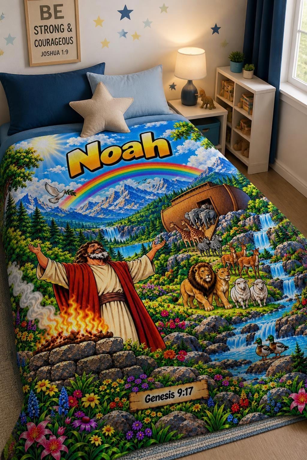 Noah's Ark Scene Velveteen Plush Blanket | Biblical Genesis 9:17 Rainbow