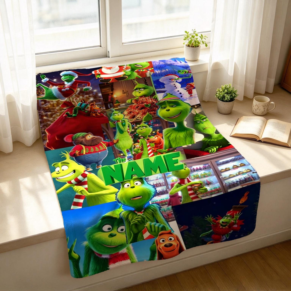 Grinch Blanket Soft Throw Custom Name, Movie Montage Xmas Gift