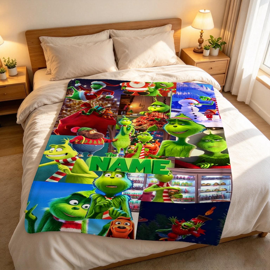 Grinch Blanket Soft Throw Custom Name, Movie Montage Xmas Gift