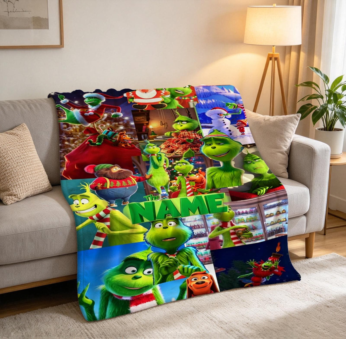 Grinch Blanket Soft Throw Custom Name, Movie Montage Xmas Gift