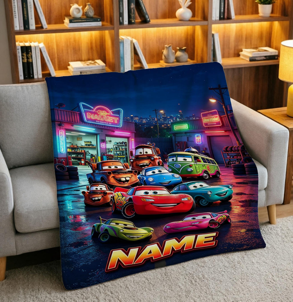 Custom Name Cars Blanket Soft Throw Garage Scene Toddler Cozy Keepsake Present