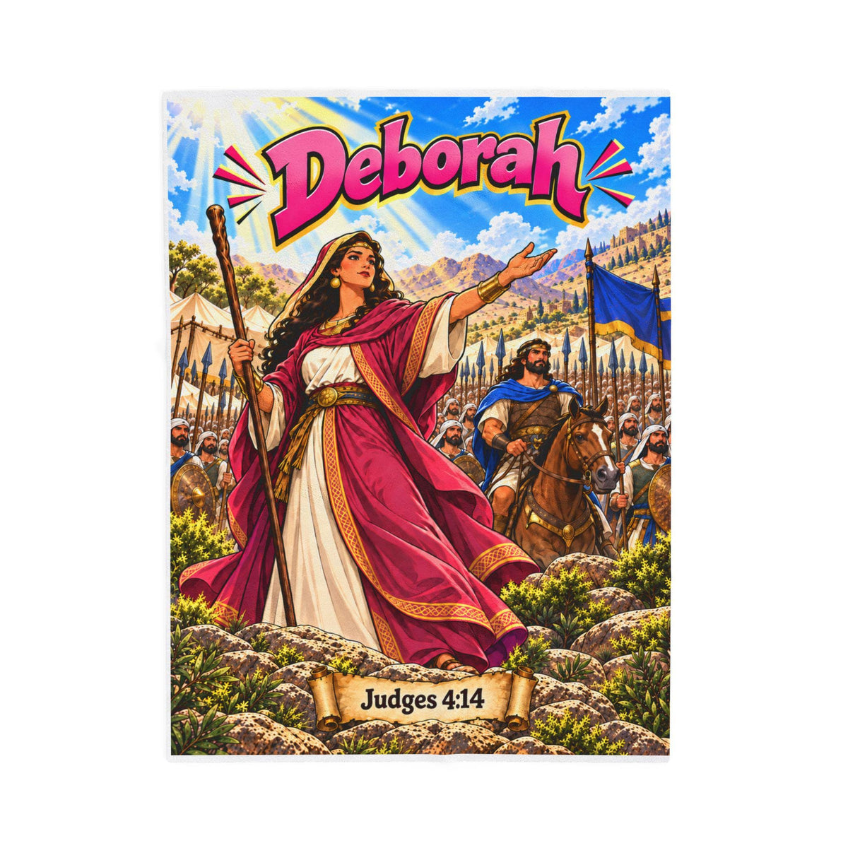 Deborah Bible Hero Blanket | Judges 4:14 Comic-Style Faith Decor