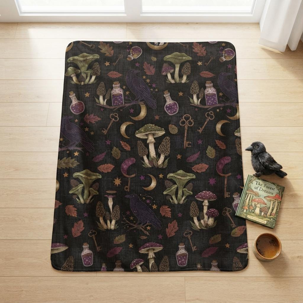 Mushroom Blanket, Witchy Gothic Throw Blanket, Dark Academia Home Decor, Magical Forest Tapestry, Cottagecore Gift, Cozy Fall Blanket