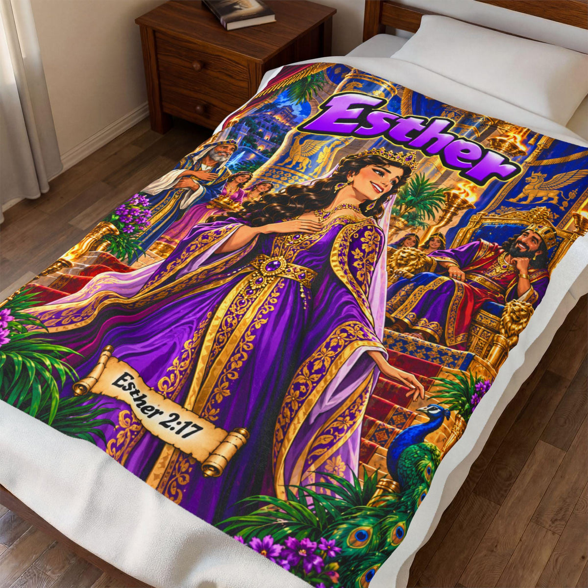 Esther Bible Heroine Blanket | Royal Purple Gown, Comic-Book Style