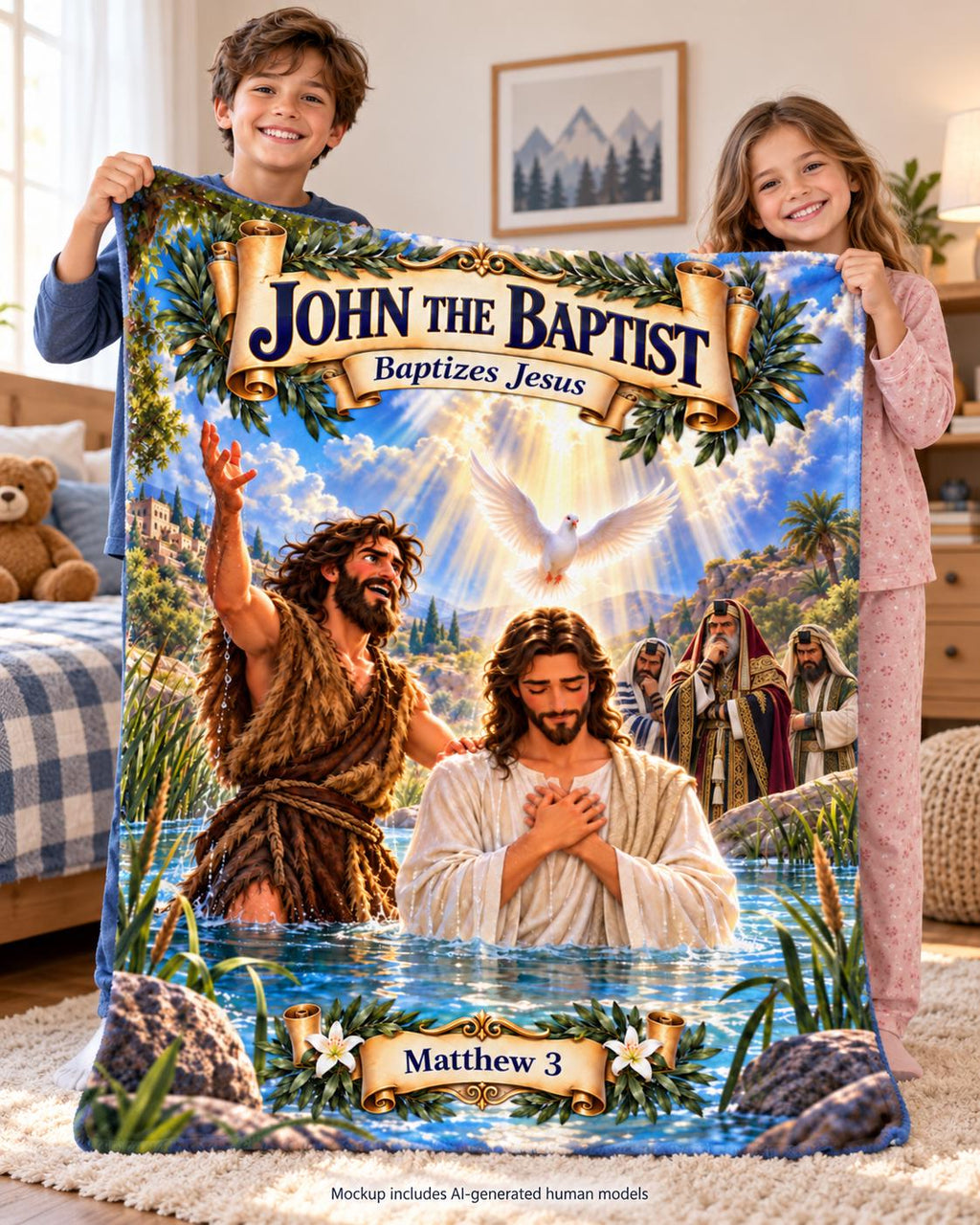 John the Baptist Baptizes Jesus Blanket | Matthew 3 Bible Story (Kids Gift)