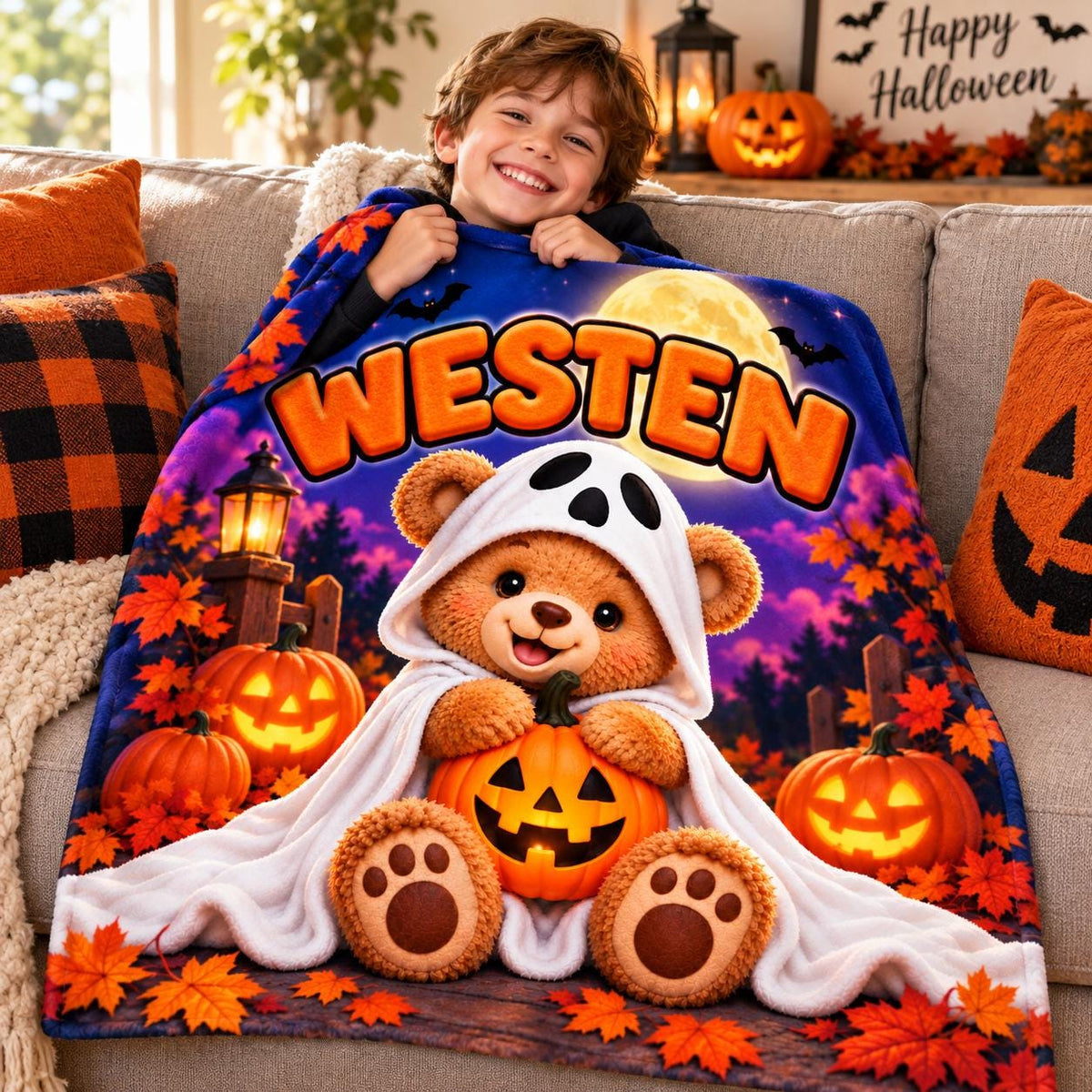 Personalized Halloween Bear Blanket, Kids Ghost Pumpkin Throw