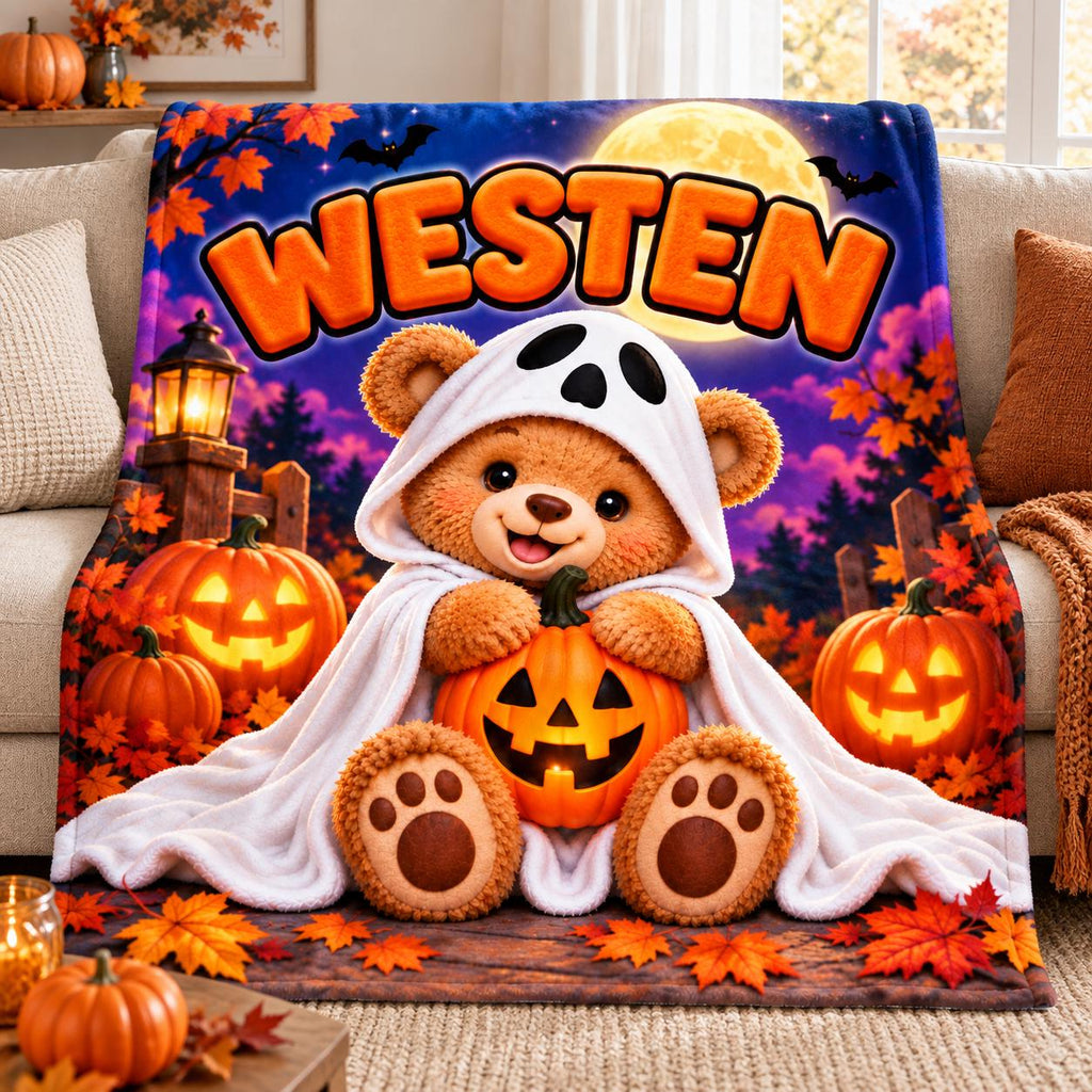 Personalized Halloween Bear Blanket, Kids Ghost Pumpkin Throw