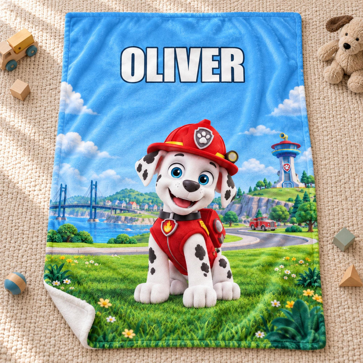 Personalized Firefighter Puppy Marshall Blanket, Custom Name Flannel Throw for Kids, Birthday Gift