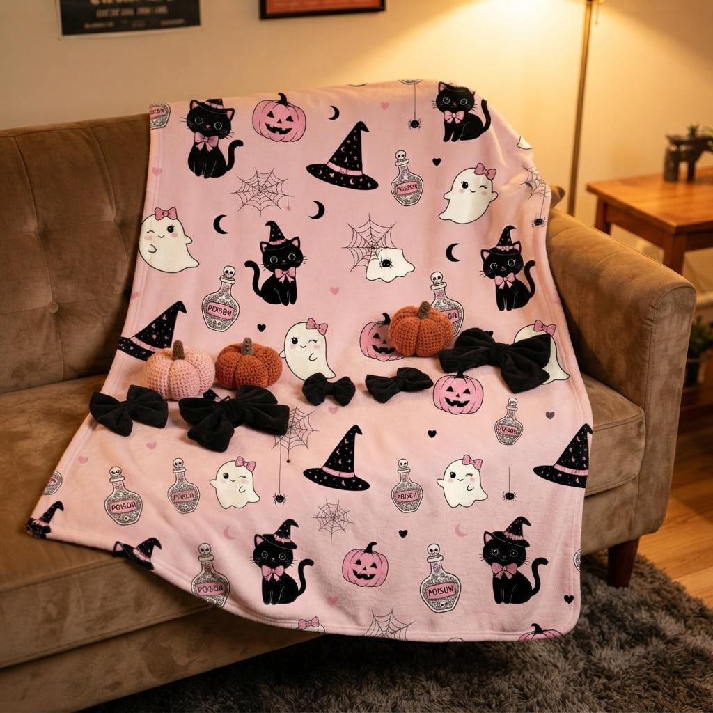Coquette Halloween Cat Blanket, Cute Ghost Flannel Throw, Spooky Cozy Plush, Kawaii Home Decor, Gift for Her, Soft Fall Fleece