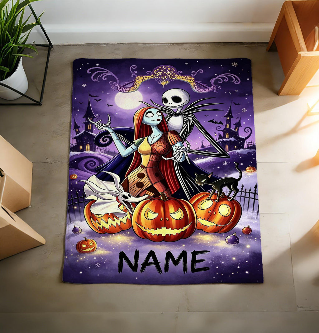 The Nightmare Before Christmas Blanket, Personalized Jack Skellington & Sally Halloween Flannel Throw, Custom Name Gift