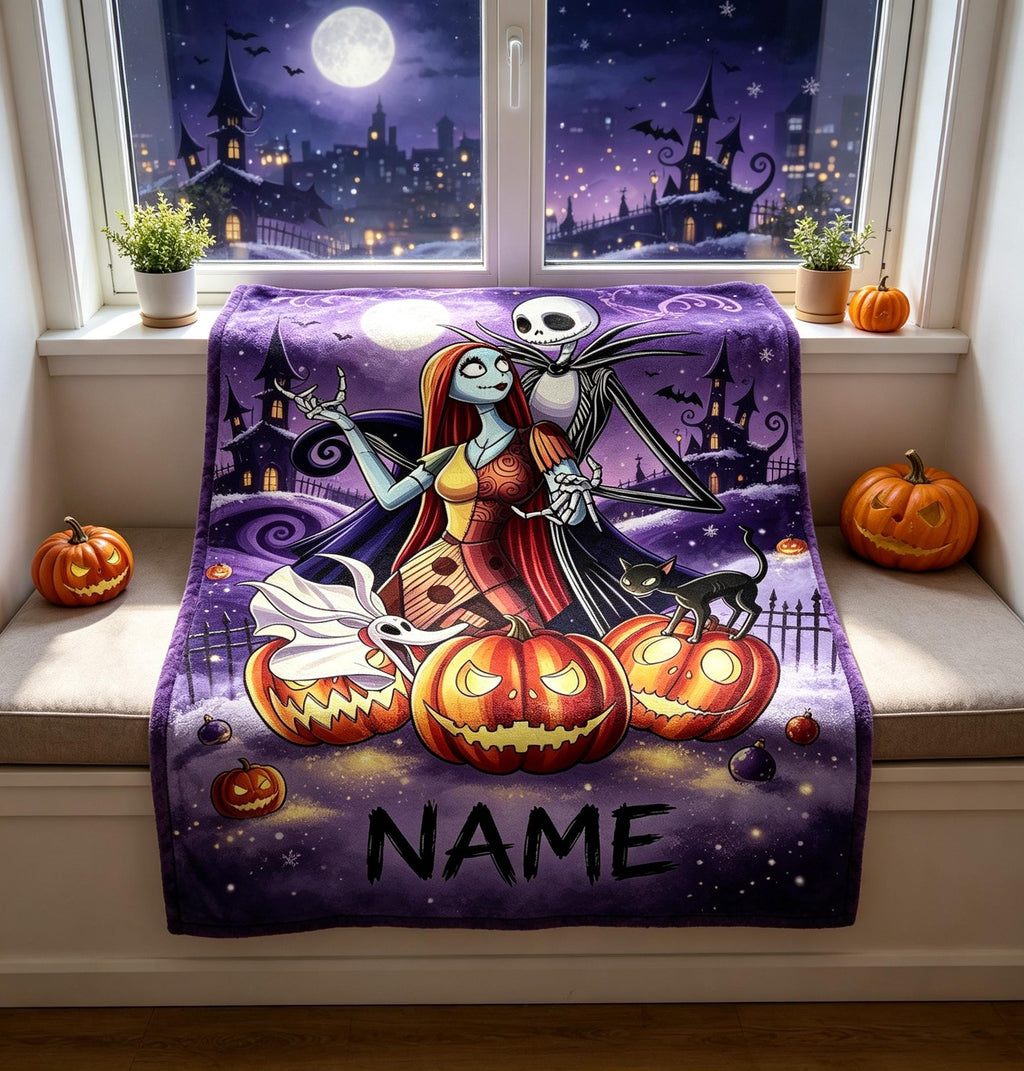 The Nightmare Before Christmas Blanket, Personalized Jack Skellington & Sally Halloween Flannel Throw, Custom Name Gift