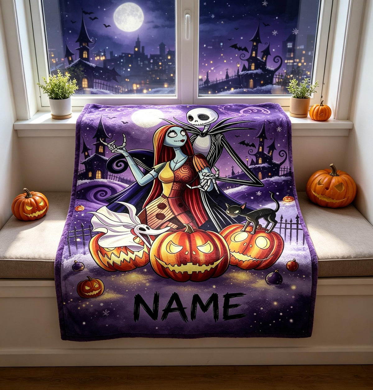 The Nightmare Before Christmas Blanket, Personalized Jack Skellington & Sally Halloween Flannel Throw, Custom Name Gift