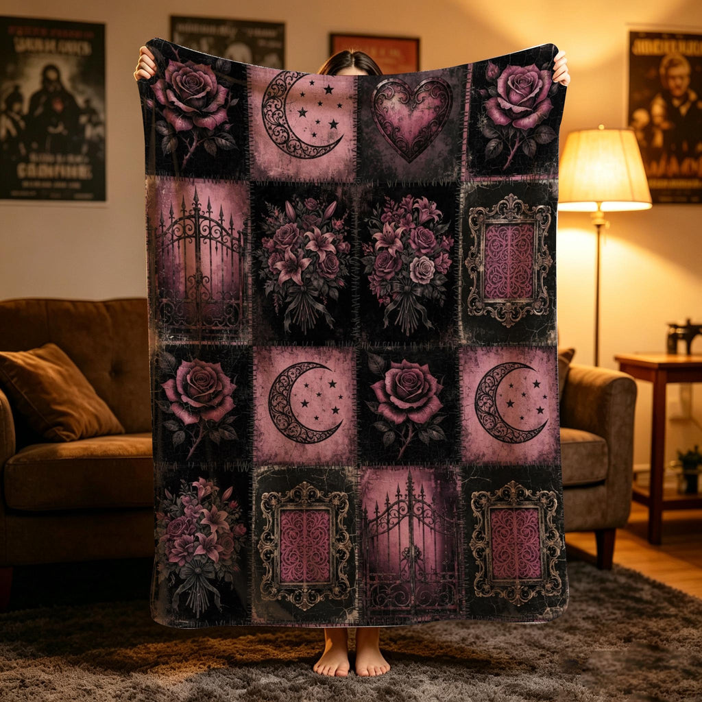 Gothic Rose Patchwork Blanket, Dark Moon Flannel Throw, Cozy Plush Home Decor, Spooky Season Gift, Gift for Her, Soft Fall Flannel