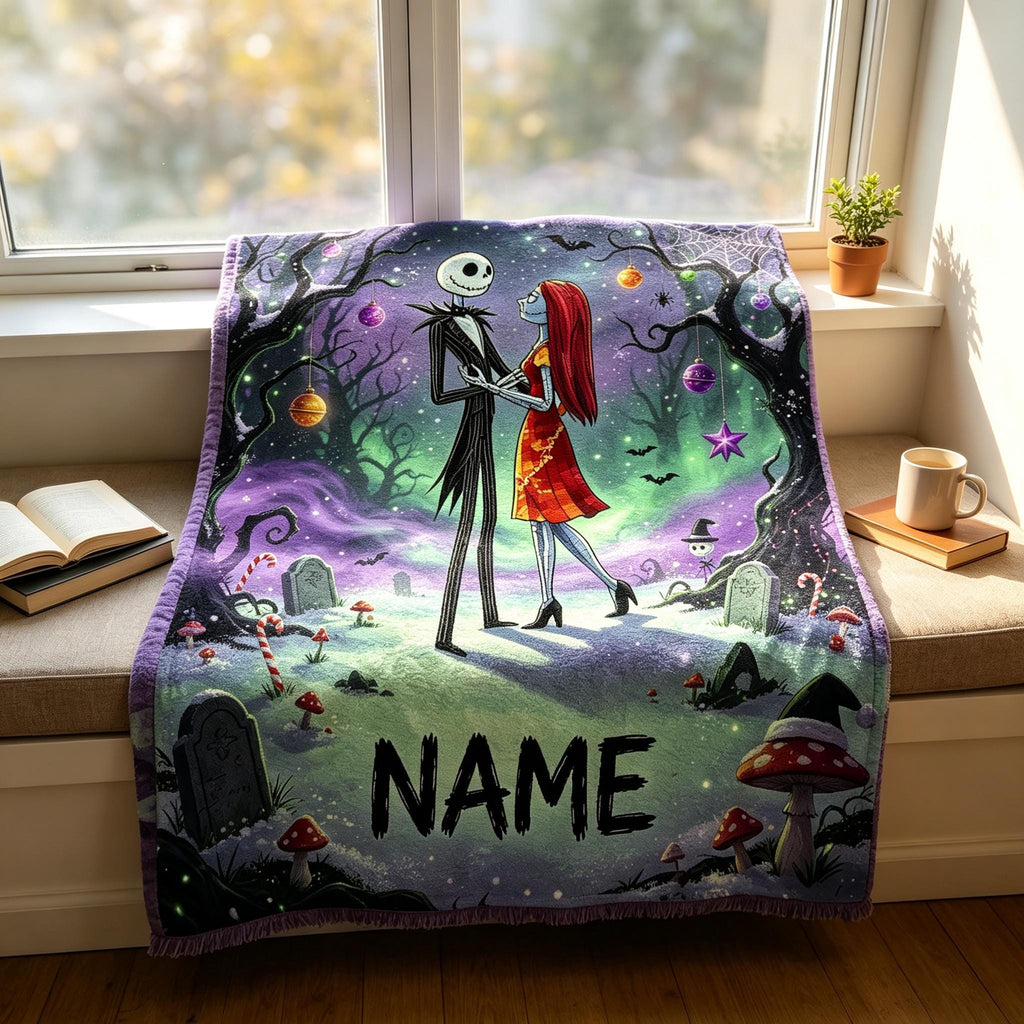 The Nightmare Before Christmas Blanket, Personalized Jack Skellington & Sally Halloween Flannel Throw, Custom Name Gift