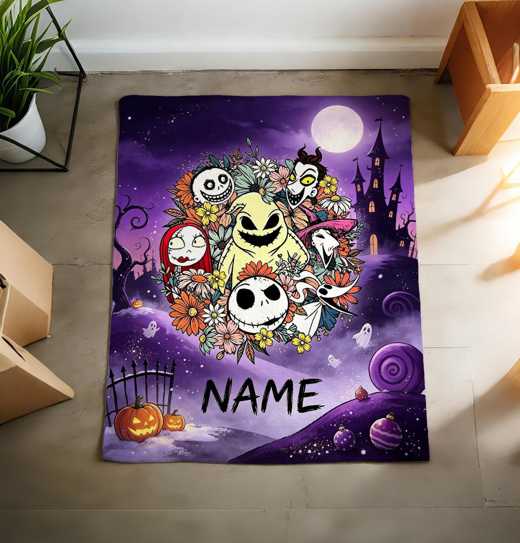 The Nightmare Before Christmas Blanket, Personalized Jack Skellington & Sally Halloween Flannel Throw, Custom Name Gift