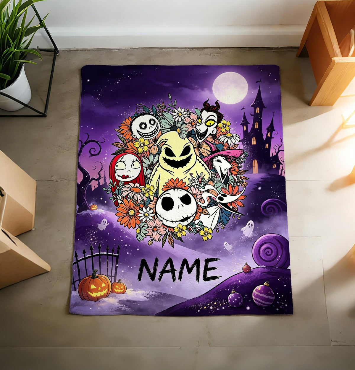 The Nightmare Before Christmas Blanket, Personalized Jack Skellington & Sally Halloween Flannel Throw, Custom Name Gift