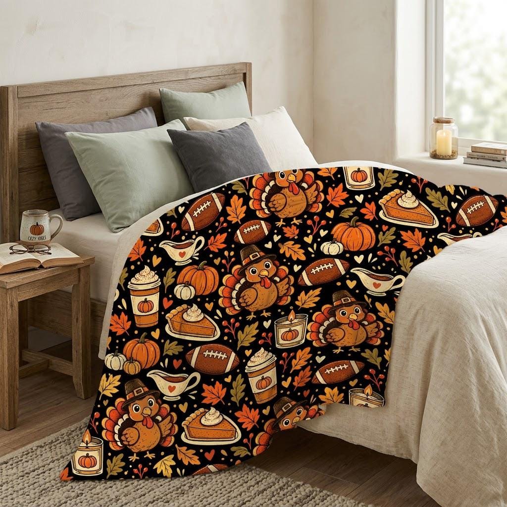 Thanksgiving Football Throw Blanket, Turkey Pumpkin Fleece Blanket, Fall Game Day Blanket, Cozy Autumn Home Decor, Holiday Family Gift